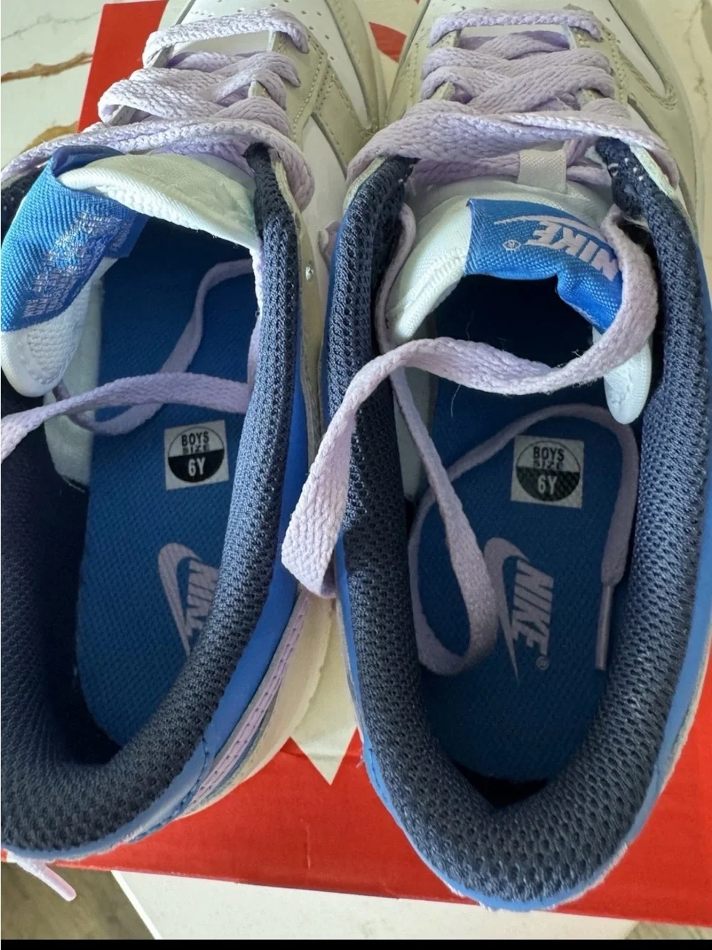Nike Dunk Low, Tan/Purple/White, Size 6Y
